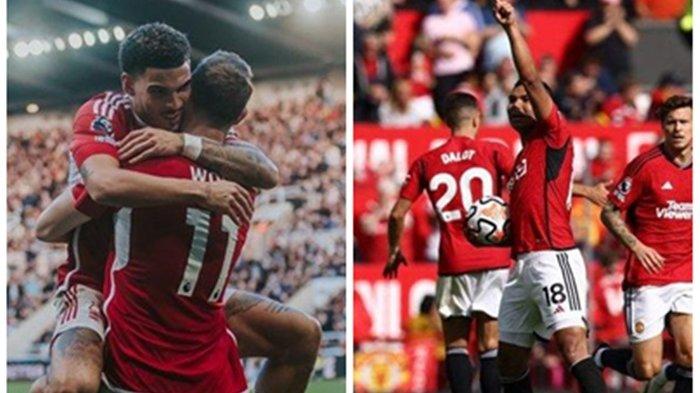 Pertandingan antara Manchester United dan Nottingham Forest di Old Trafford pada 26 Agustus 2023 (kanan), dan Selebrasi Chris Wood usai cetak hattrick ke gawang Newcastle United, Nottingham Forest menang 1-3 (kiri).