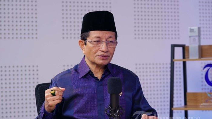 HASIL SIDANG ISBAT - Menteri Agama RI Nasaruddin Umar melakukan sesi wawancara khusus dengan Direktur Pemberitaan Tribun Network Febby Mahendra Putra di Sutdio Tribun Network, Jalan Palmerah Selatan, Jakarta Pusat, Selasa (28/1/2025). Berdasarkan hasil sidang isbat yang digelar Kementerian Agama (Kemenag), Jakarta Pusat, Sabtu (29/3/2025), Nasaruddin Umar menetapkan Hari Raya Idul Fitri 1 Syawal 1446 H jatuh pada Senin 31 Maret 2025.