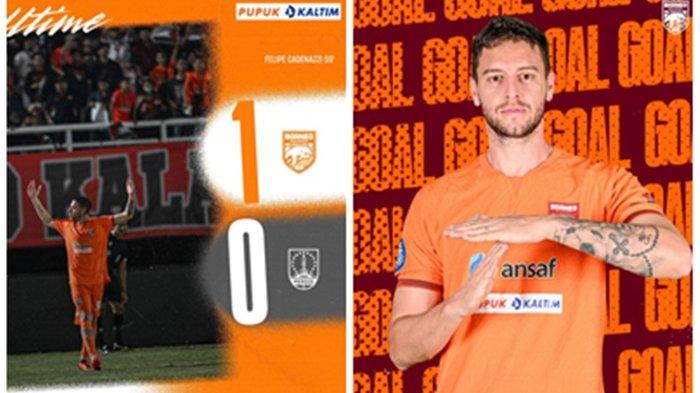 Selebrasi pemain Borneo FC, Felipe Cadenazzi usai mencetak gol ke gawang Persis Solo. Prtandingan Borneo FC vs Persis Solo terjadi, pada Senin (27/11/2023), pukul 20.00 WITA, di Stadion Segiri Samarinda,