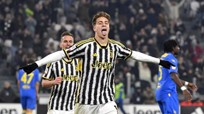 Selebrasi Kenan Yildiz usai mencetak gol ke gawang Frosinone dalam laga perempat final Coppa Italia.