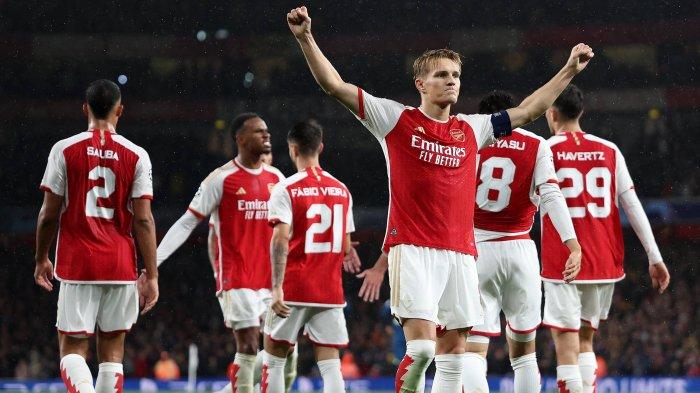 Selebrasi pemain Arsenal usai menumbangkan PSV 4-0 di Liga Champions matchday pertama, Kamis (21/9/2023) dini hari WIB. (Twitter/@Arsenal)