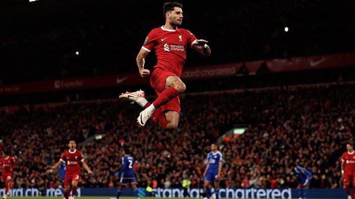 Dominik Szoboszlai saat selebrasi gol di laga Carabao Cup Liverpool vs Leicester City