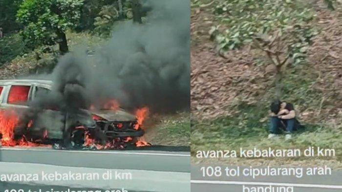 Viral mobil terbakar di Jalan Tol Cipularang terlihat seorang pemuda meratapi duduk sendiri di pinggir jalan tol