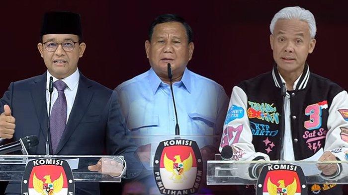 Ketiga calon presiden (capres), Anies Baswedan, Prabowo Subianto, dan Ganjar Pranowo tampil dalam debat kelima Pemilihan Presiden (Pilpres) 2024 di Jakarta Convention Center, Minggu (4/2/2024).(YouTube / KPU RI)