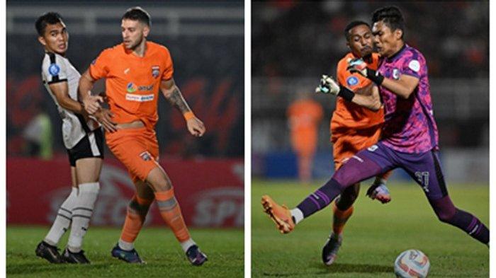 Duel Pemain Borneo FC vs RANS Nusantara FC. Tampak Terens Puhiri melakukan duel dengan kiper RANS Nusantara Hilmansyah (kanan) dalam situasi serangan balik dalam laga Borneo FC vs RANS Nusantara di stadion Segiri Samarinda.pada Jumat,(4/8/2023).HO