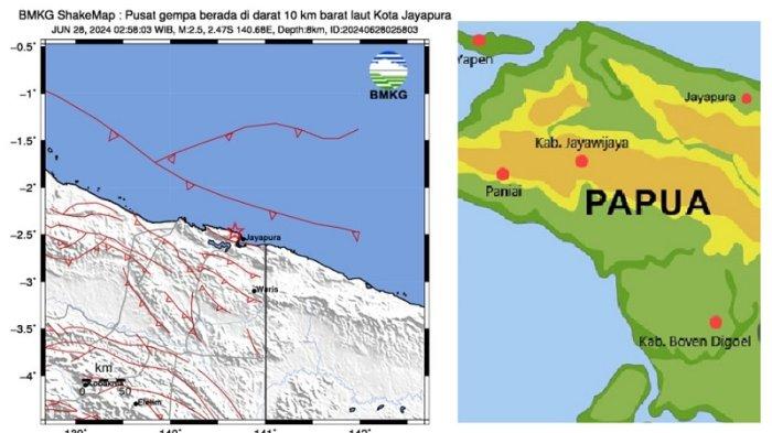 Pusat gempa berada di darat 10 km barat laut Kota Jayapura, kedalaman 8 Km dan dirasakan (MMI) II hingga Kota Jayapura pada Jumat (28/6/2024) dini hari.