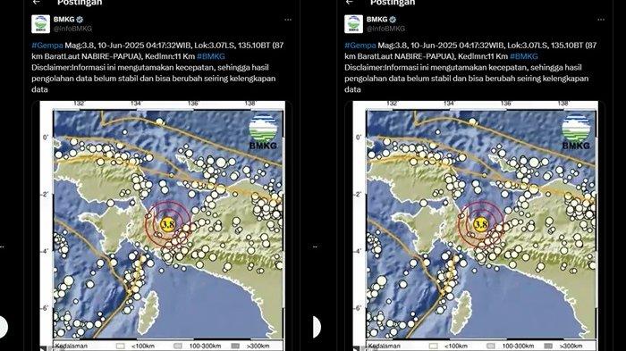 GEMPA TERKINI NABIRE - Cek kabar terbaru dari Badan Meteorologi Klimatologi dan Geofisika atau BMKG yang merilis informasi gempa terkini di Nabire, Provinsi Papua pada Selasa 10 Juni 2025. Informasi BMKG, gempa terkini di barat laut Nabire, Papua memiliki magnitudo 3.8.