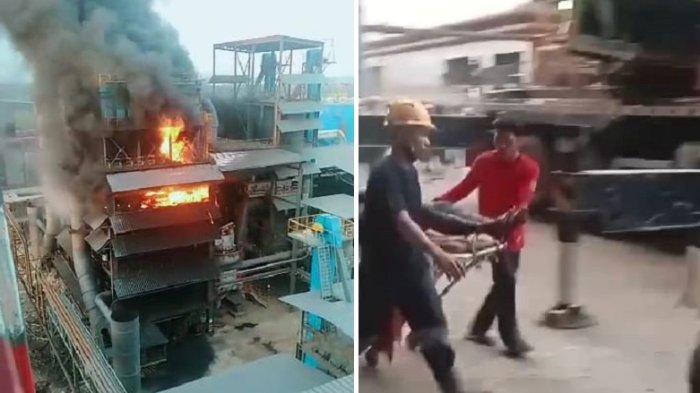 Kondisi kebakaran yang terjadi di Pabrik Smelter Nikel yang dikelola PT KFI di Kelurahan Pendingin, Kecamatan Sangasanga, Kabupaten Kutai Kartanegara, Rabu (11/10/2023). Kanan: Petugas mengevakuasi kurban.