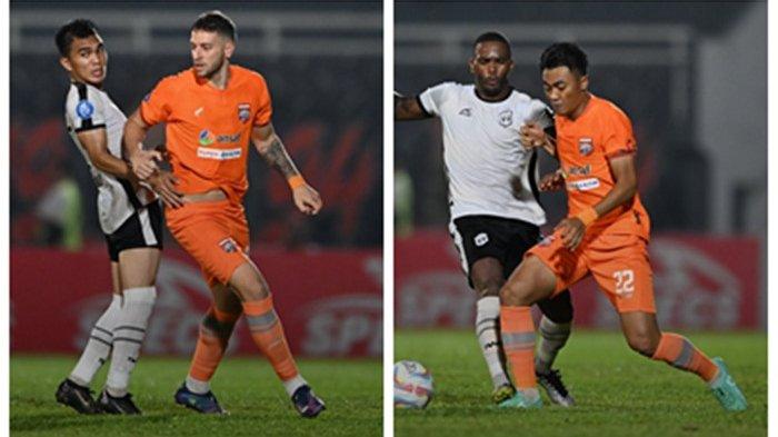 Pemain Borneo FC saat berduel dengan pemain Rans Nusantara FC di Stadion Segiri Samarinda, pada Jumat (4/8/2023) malam. Pertandingan berakhir dengan skor 1-1.