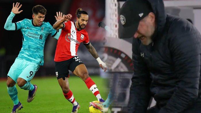 Pelatih Southampton, Ralph Hasenhuttl berlutut sambil menangis setelah mengalahkan Liverpool di Liga Inggris, Selasa (05/01/2021). (Kolase TribunKaltara.com via Twitter @SouthamptonFC)