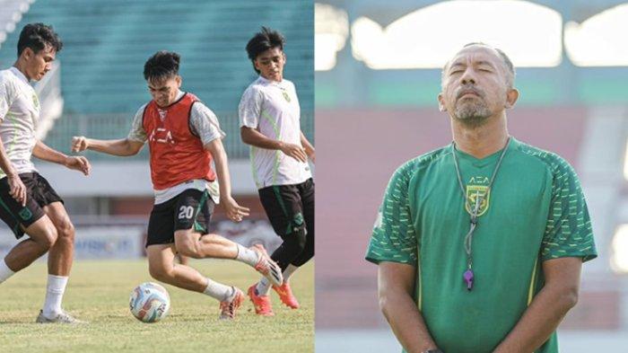 Uston Nawawi saat pimpin latihan Persebaya Surabaya di Liga 1.