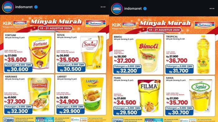 Minyak murah hadir lagi, cek promo Indomaret hari ini, Jumat 16 Agustus 2024, ada Filma Rp 34.500 dan Larisst Rp 34.900.