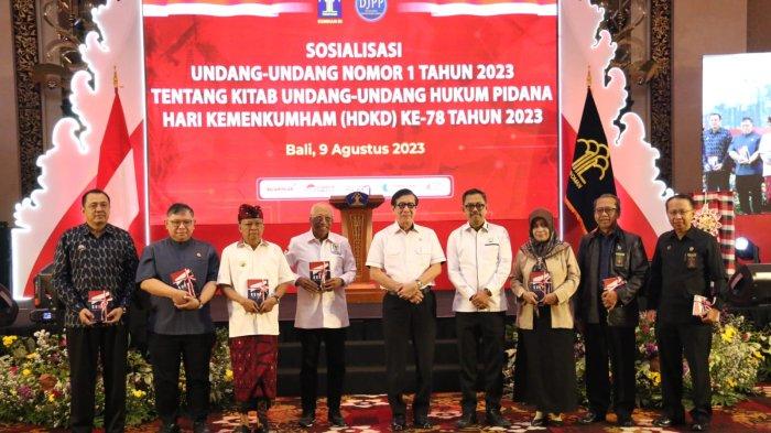 Menkumham Yasonna H Laoly dalam Sosialisasi UU Nomor 1 Tahun 2023 tentang KUHP di The Trans Resort Bali, Rabu (9/8/2023).
