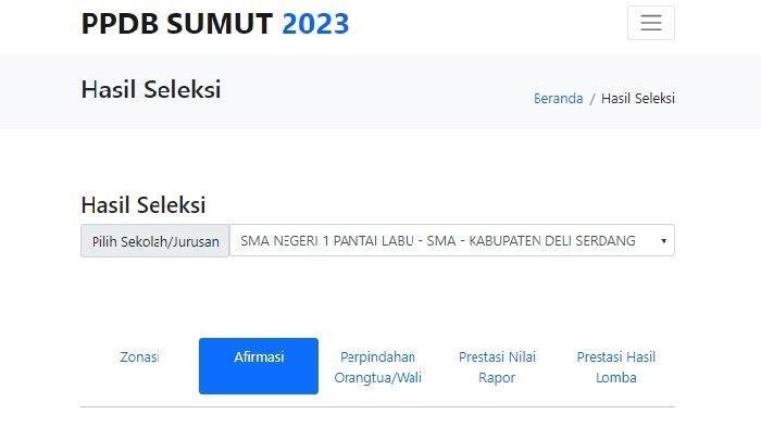 Hasil PPDB Sumut 2023 di laman https://ppdb.disdik.sumutprov.go.id/