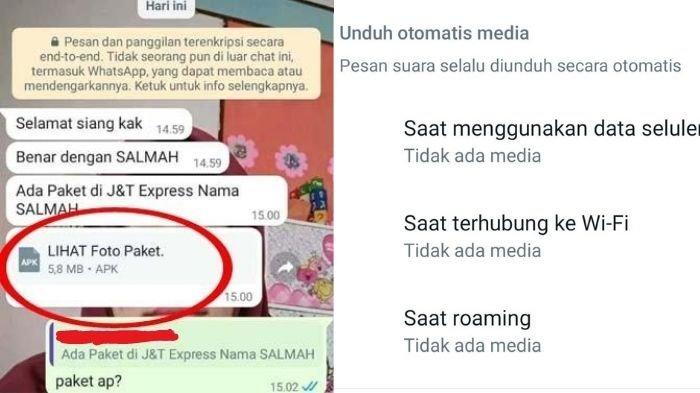 Ilustrasi penipuan modus file APK di WhatsApp (kiri), cek cara mematikan download media otomatis agar terhindar dari penipuan tersebut.