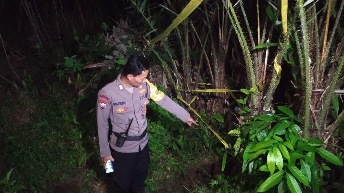 Polisi menunjukkan semak-semak lokasi penemuan potongan tubuh lain milik mayat diduga korban mutilasi di Turi Sleman, Rabu (12/7/2023) malam.