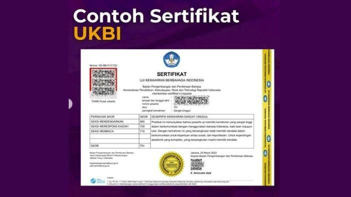 Contoh sertifikat kemampuan bahasa Indonesia atau UKBI sebagai syarat Beasiswa Unggulan
