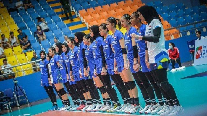 Skuad Timnas voli putri Indonesia saat akan melakoni pertandingan melawan Thailand pada match pertama SEA V League 2023 di Vietnam, Jumat (4/8/2023).