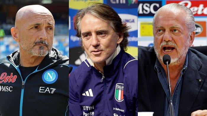 Luciano Spalletti (kiri) menjadi calon kuat untuk menggantikan Roberto Mancini (tengah) di kursi pelatih Timnas Italia. Tetapi, Presiden Napoli Aurelio De Laurentiis (kanan) bisa menjadi penghalang terkait rencana itu.