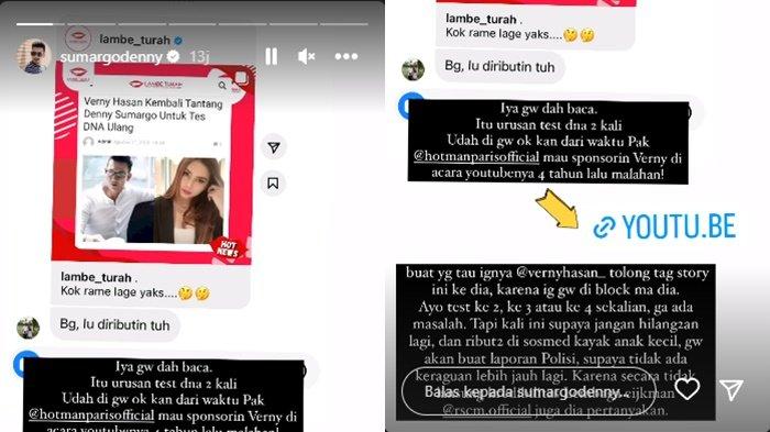 Unggahan Insta Story Denny Sumargo yang menyetujui tantangan Verny Hasan untuk tes DNA ulang.
