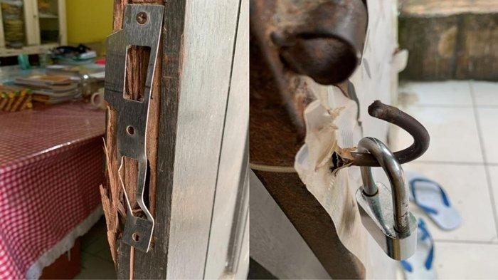 Kolase foto kondisi pintu ruang guru yang sempat dijebol oknum tak bertanggungjawab saat ditemukan oleh penjaga pada Senin (21/8/2023) pagi. HO