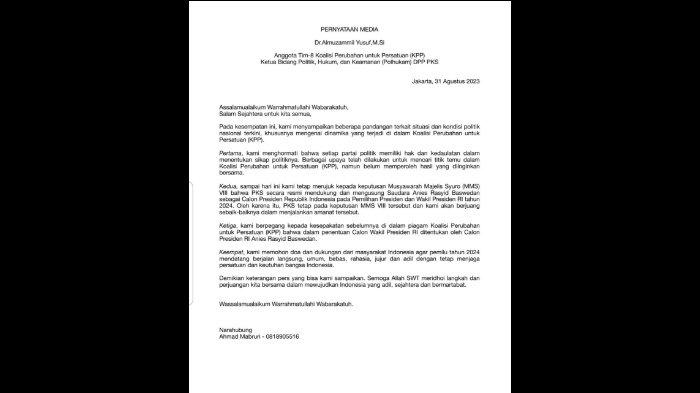 Surat PKS setelah Anies Baswedan gandeng Cak Imin jadi cawapres