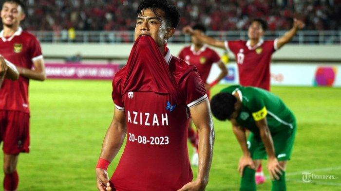 Pesepak bola Timnas Indonesia, Pratama Arhan selebrasi setelah mencetak gol ke gawang Turkmenistan dalam ajang kualifikasi Piala Asia U23 di Stadion Manahan, Solo, Selasa (14/9/2023) malam.