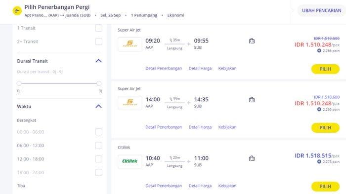 Pantauan harga tiket pesawat Samarinda - Surabaya besok, Selasa 26 September 2023.