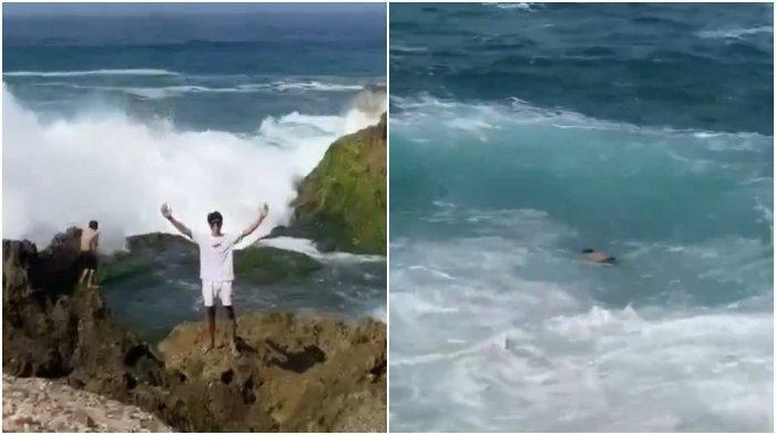 Tangkap layar video viral detik-detik wisatawan Roni Josua viral terseret ombak di Pantai Kedung Tumpang Tulungangung, Jawa Timur.