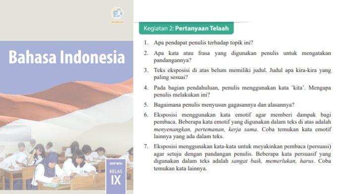 Soal Bahasa Indonesia kelas 9 SMP halaman 123, cek kunci jawabannnya.