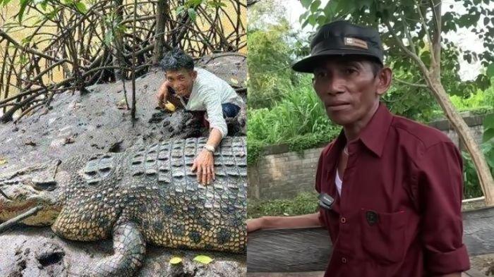 Pak Ambo saat masih bersama Buaya Riska di Bontang (kiri). Pak Ambo ungkap kekecewaannya usai tak dikabari lagi saat Buaya Riska dipindah ke Tabang Zoo Kukar dari Penangkaran Teritip.