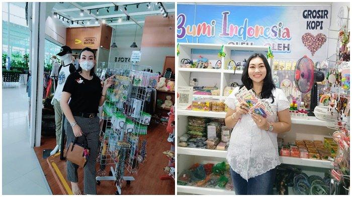 Elleysia Miftahul Jannah berfoto di outlet oleh-oleh miliknya dan display produknya di bandara.