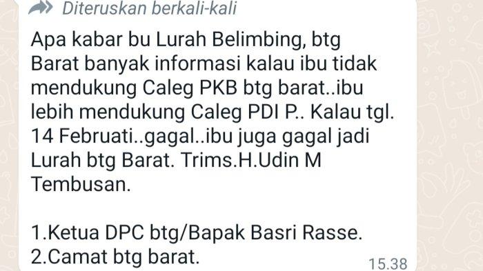 Tangkapan layar, pesan yang diduga dikirimkan Udin Mulyono kepada Lurah Belimbing Dwi Andriyani beredar di pesan WhatsApp.