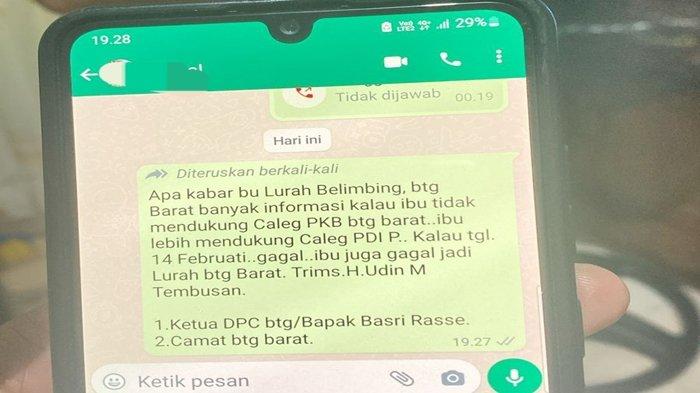 AJAK DUKUNG CALEG - Tangkapan layar, pesan yang diduga dikirimkan Udin Mulyono kepada Lurah Belimbing Dwi Andriyani beredar di pesan WhatsApp.