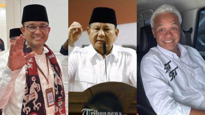 SURVEI CAPRES 2024- Kolase tiga capres Anies Baswedan, Prabowo Subianto, dan Ganjar Pranowo.
