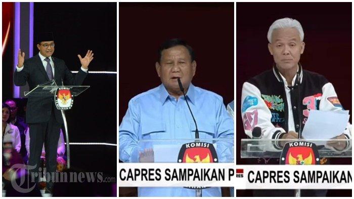 SURVEI CAPRES - Anies Baswedan, Prabowo Subianto dan Ganjar Pranowo saat debat terakhir capres, Minggu (4/2/2024). Berikut survei capres terbaru hari ini. Elektabilitas di Jawa Timur. Paslon terkuat melampui 50 persen. Cek elektabilitas capres selengkapnya.