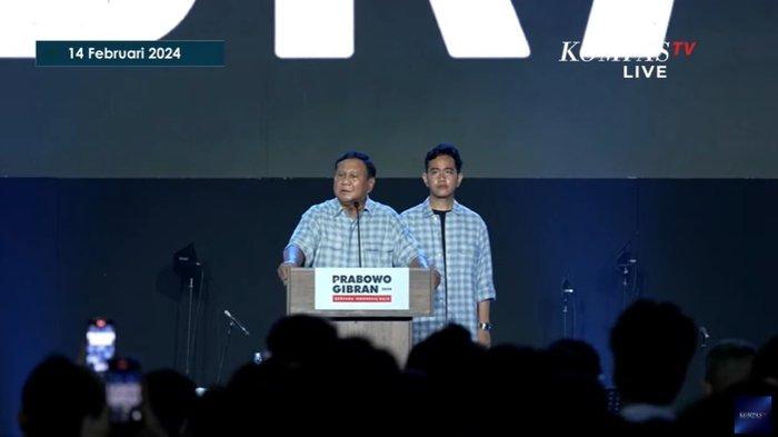 Prabowo Subianto-Gibran Rakabuming Raka. Paslon nomor urut 2 menyampaikan pidato kemenangan di Istora Senayan, Jakarta, Rabu (14/2/2024).