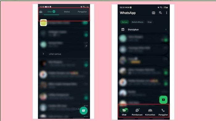 TAMPILAN BARU WHATSAPP - Ilustrasi perubahan tampilan WhatsApp di Android. Tampilan WhatsApp versi sebelumnya dengan bar menu berada di atas (kanan) dan tampilan baru dengan bar menu di bawah (kiri).