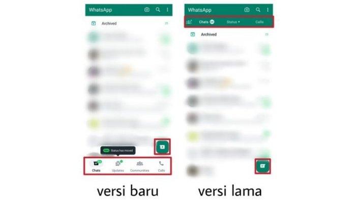 TAMPILAN BARU WHATSAPP - Perbandingan tampilan baru WhatsApp (kiri) dan tampilan lawas WhatsApp (kanan) di mode terang.