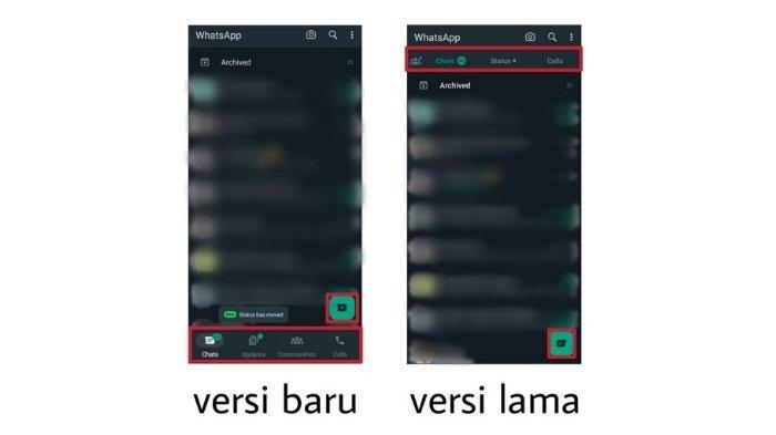 TAMPILAN BARU WHATSAPP - Perbandingan tampilan baru WhatsApp (kiri) dan tampilan lawas WhatsApp (kanan) di mode terang.