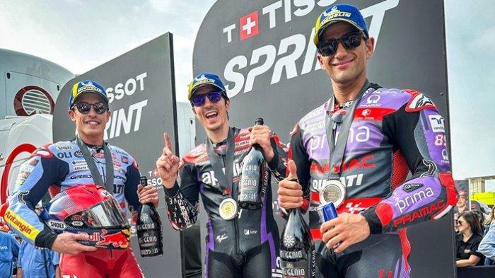 MOTOGP LIVE - Podium Sprint Race MotoGP Portugal 2024: Marc Marquez, Maverick Vinales dan Jorge Martin.