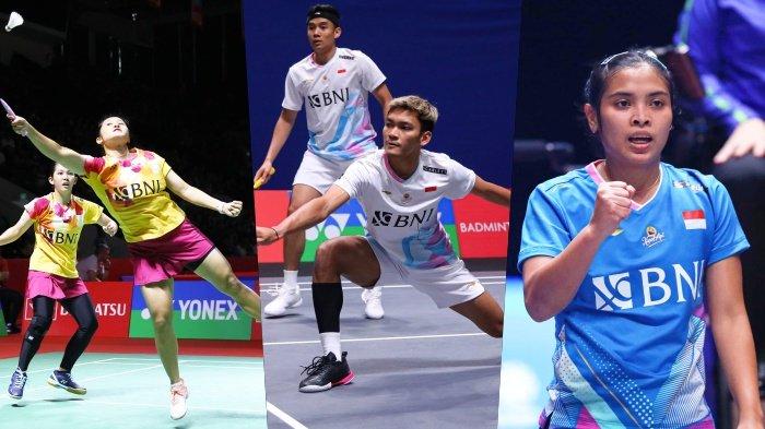 SWISS OPEN 2024 - Dari kiri ke kanan: Lanny/Ribka, Fikri/Bagas dan Gregoria Mariska Tunjung yang akan berlaga di final Swiss Open 2024 hari ini, Minggu (24/3/2024). Berikut jadwal badminton Swiss Open 2024 hari ini. Peluang 3 wakil Indonesia raih gelar, cek live tv dan score.
