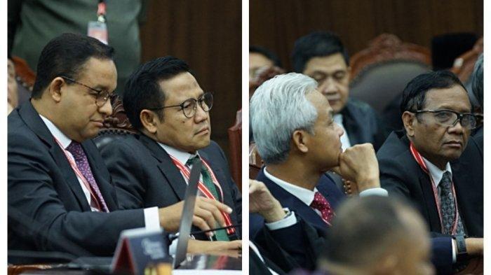 Pasangan calon Presiden dan Wakil Presiden nomor urut 01 Anies Baswedan dan Muhaimin Iskandar dan nomor 03 Ganjar Pranowo dan Mahfud MD mengikuti sidang sengketa pemilu 2024 di Gedung MK, Jakarta Pusat, Senin (22/4/2024). Sidang dengan agenda putusan perselisihan hasil pilpres 2024.
