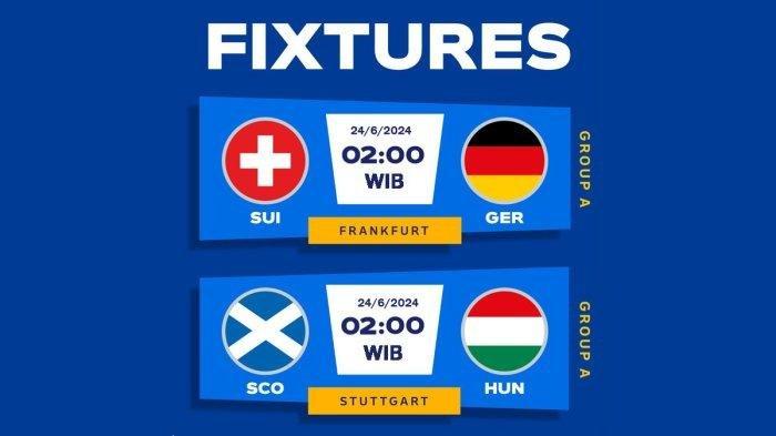 HASIL EURO 2024 - Jadwal Piala Eropa 2024 Matchday 3 Grup A, Swiss vs Jerman, Skotlandia vs Hungaria, Minggu malam atau Senin (24/6/2024) dinihari pukul 02.00 WIB. Inilah hasil Euro 2024 lengkap klasemen peringkat 3 terbaik Euro 2024 dan top skor terbaru.