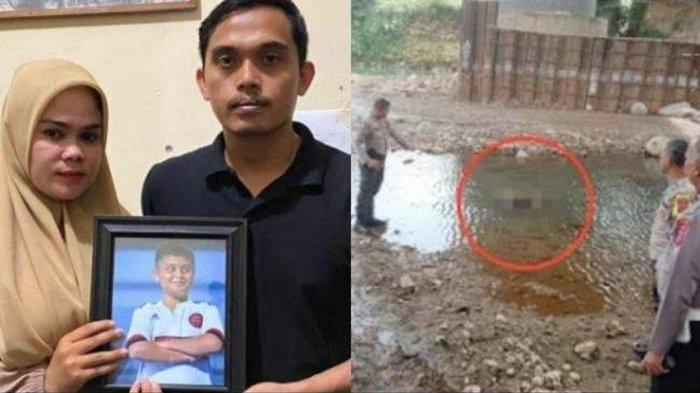 DUGAAN POLISI ANIAYA AFIF MAULANA - Afrinaldi (36, kanan) dan Anggun (32) berfoto dengan potret almarhum putra sulung mereka yang masih duduk di bangku SMP, AM (13), di Kantor LBH Padang, Kota Padang, Sumatera Barat, Kamis (20/6/2024).