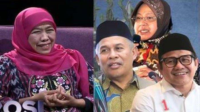 Khofifah Indar Parawansa (kiri), Marzuki Mustamar-Risma dan Cak Imin (kanan). Begini Reaksi Khofifah Soal Lawan Sepadan di Pilgub Jatim 2024.