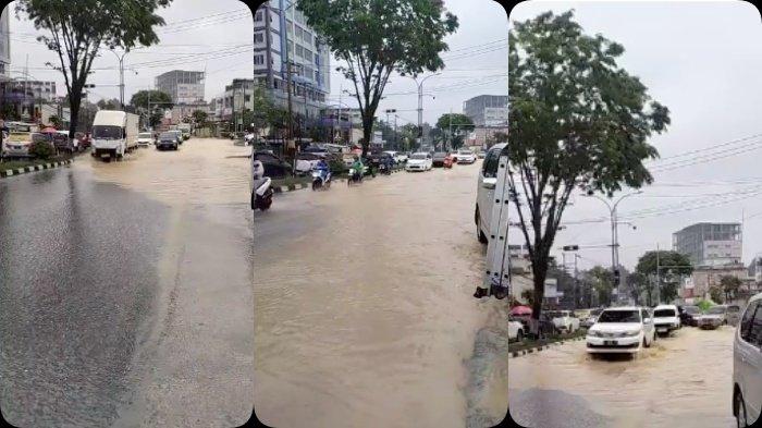 BANJIR BALIKPAPAN - Pantauan banjir di Balikpapan, Kamis (15/8/2024). Kawasan simpang tiga Grand City di jalan MT Haryono kembali terendam air.