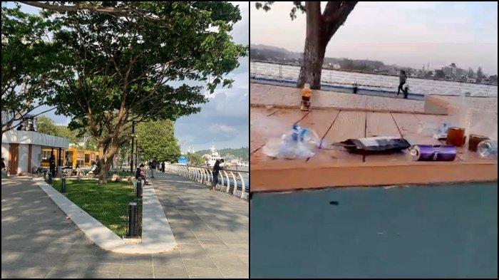 KONDISI TERAS SAMARINDA - Suasana di Teras Samarinda. Kanan: sampah berceceran di Teras Samarinda, Senin (16/9/2024). Sehari bersih, sampah kembali berceceran di Teras Samarinda. Pengamat singgung pemasangan CCTV dan sanksi tegas agar warga masyarakat punya kesadaran
