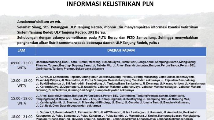 Jadwal pemadaman listrik di Berau. TRIBUNKALTIM.CO/HO