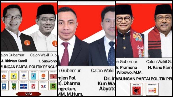 Tiga paslon Pilkada Jakarta 2024, Ridwan Kamil-Suswono, Dharma Pongrekun-Kun Wardana Abyoto dan Pramono Anung-Rano Karno.